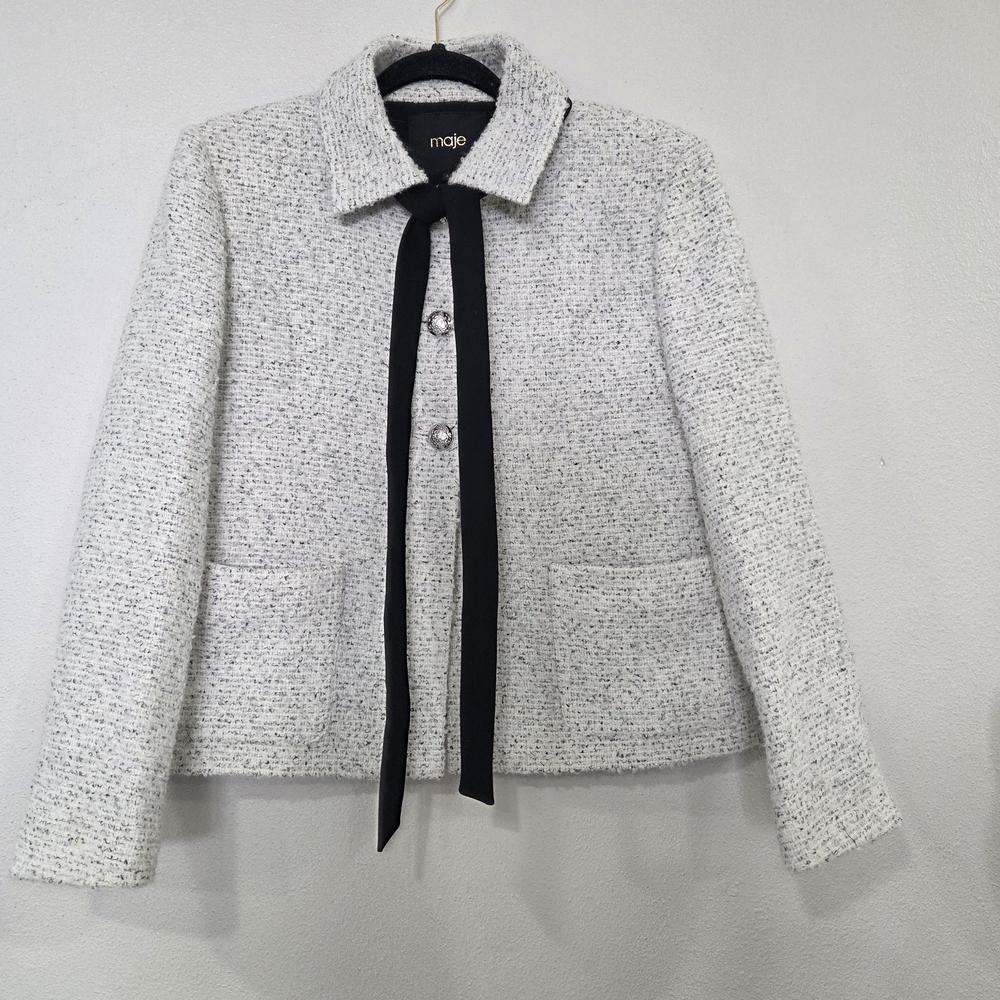 Maje Women's White Tweed Jacket with Black Accents